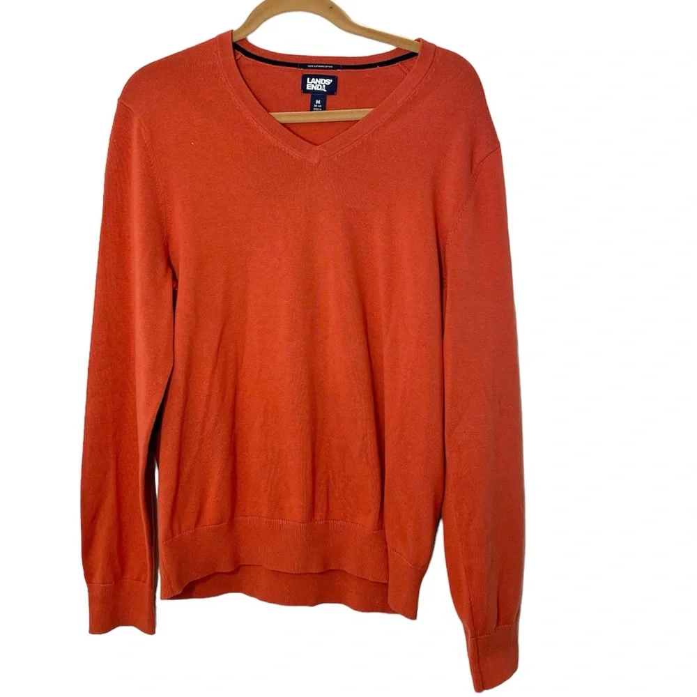 Lands' End Men's Orange Classic 100% Supima Cotton V-Neck Sweater Size M (38-40)
